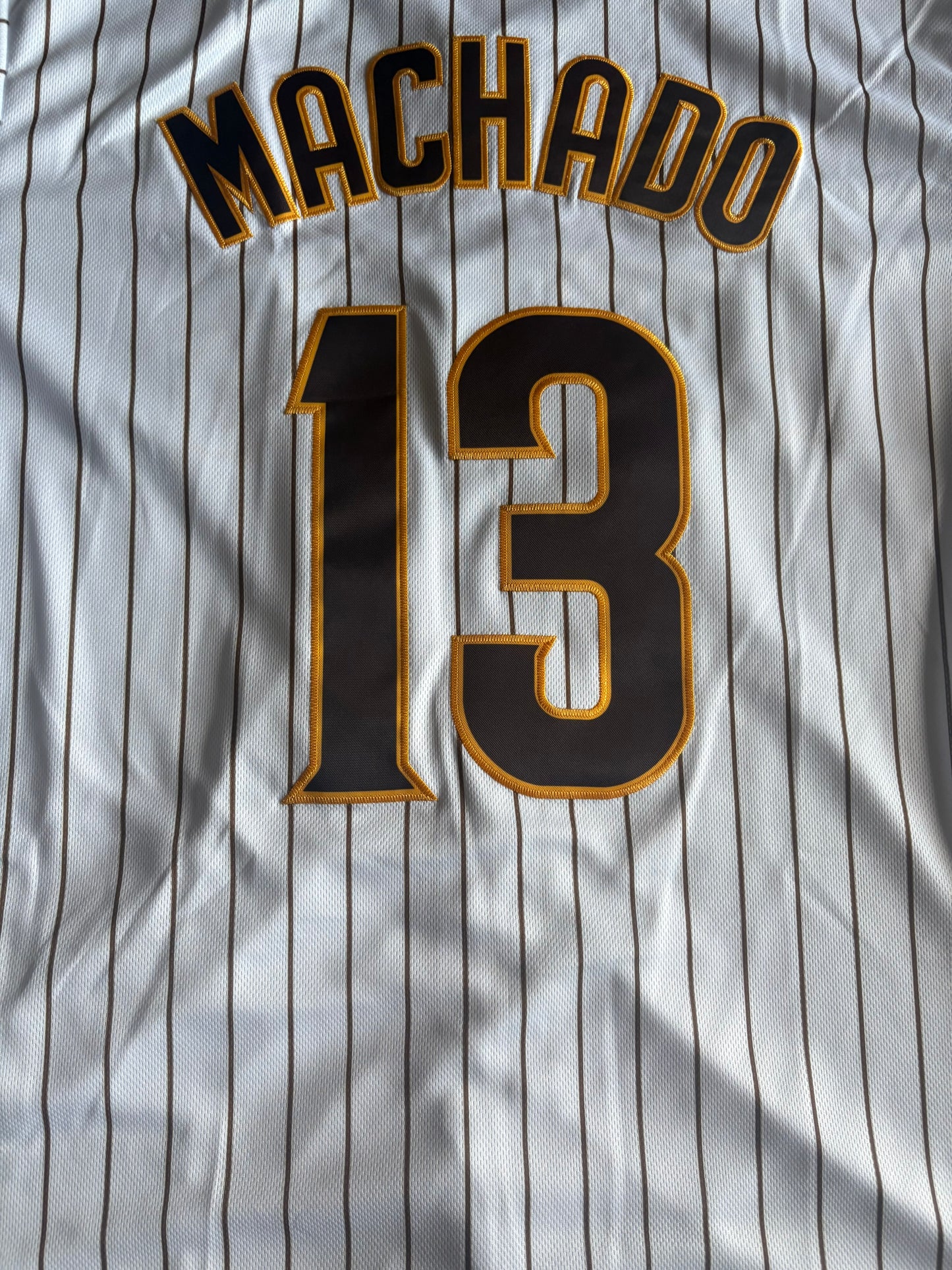 San Diego Padres MLB Baseball Shirt Large White Pinstripe Machado 13