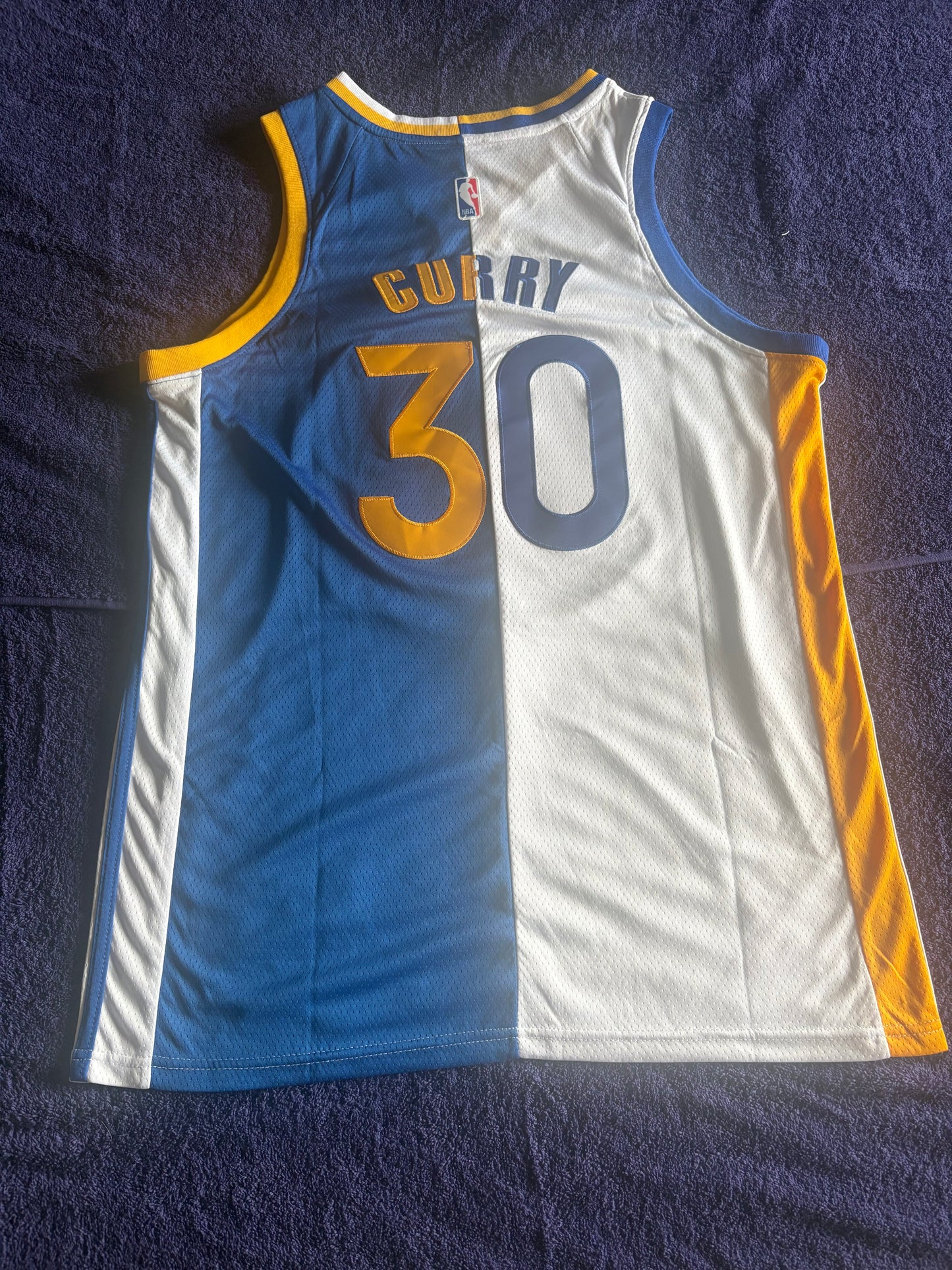 Golden State Warrior NBA 1/2 & 1/2 Basketball Vest Large Curry 30 Blue White