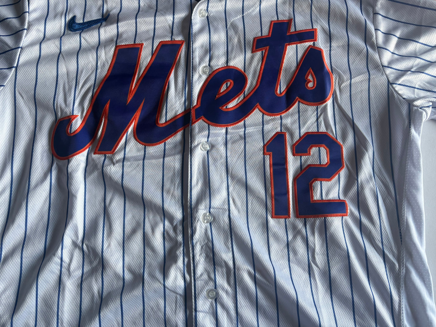 New York Mets MLB Baseball Shirt Large Lindor 12 White Pinstripe