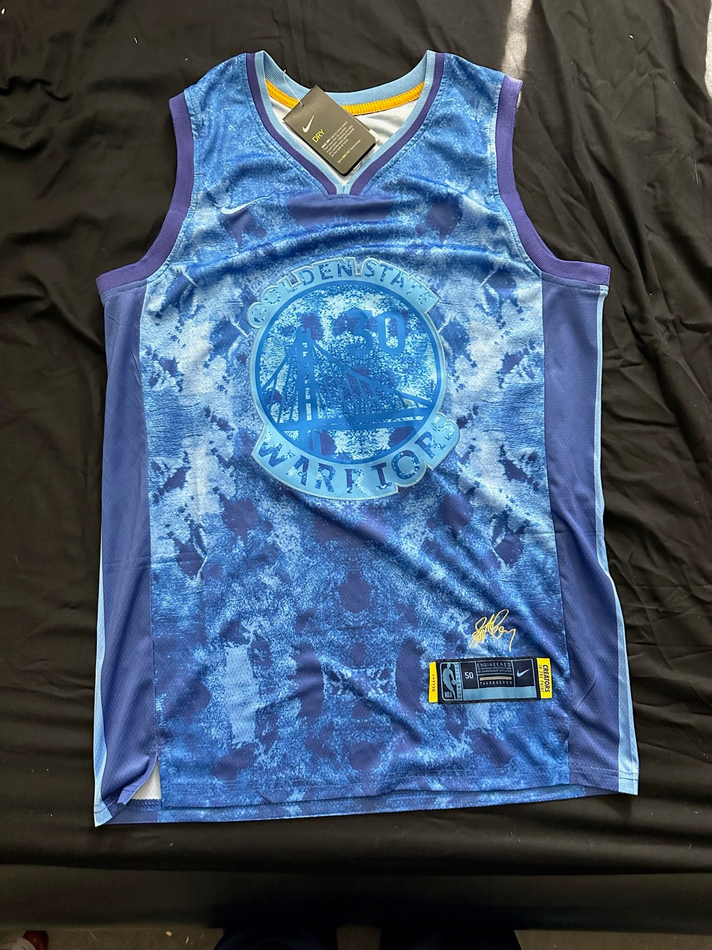 Retro Cloudy Golden State Warriors Curry Basketball Vest Large Blue