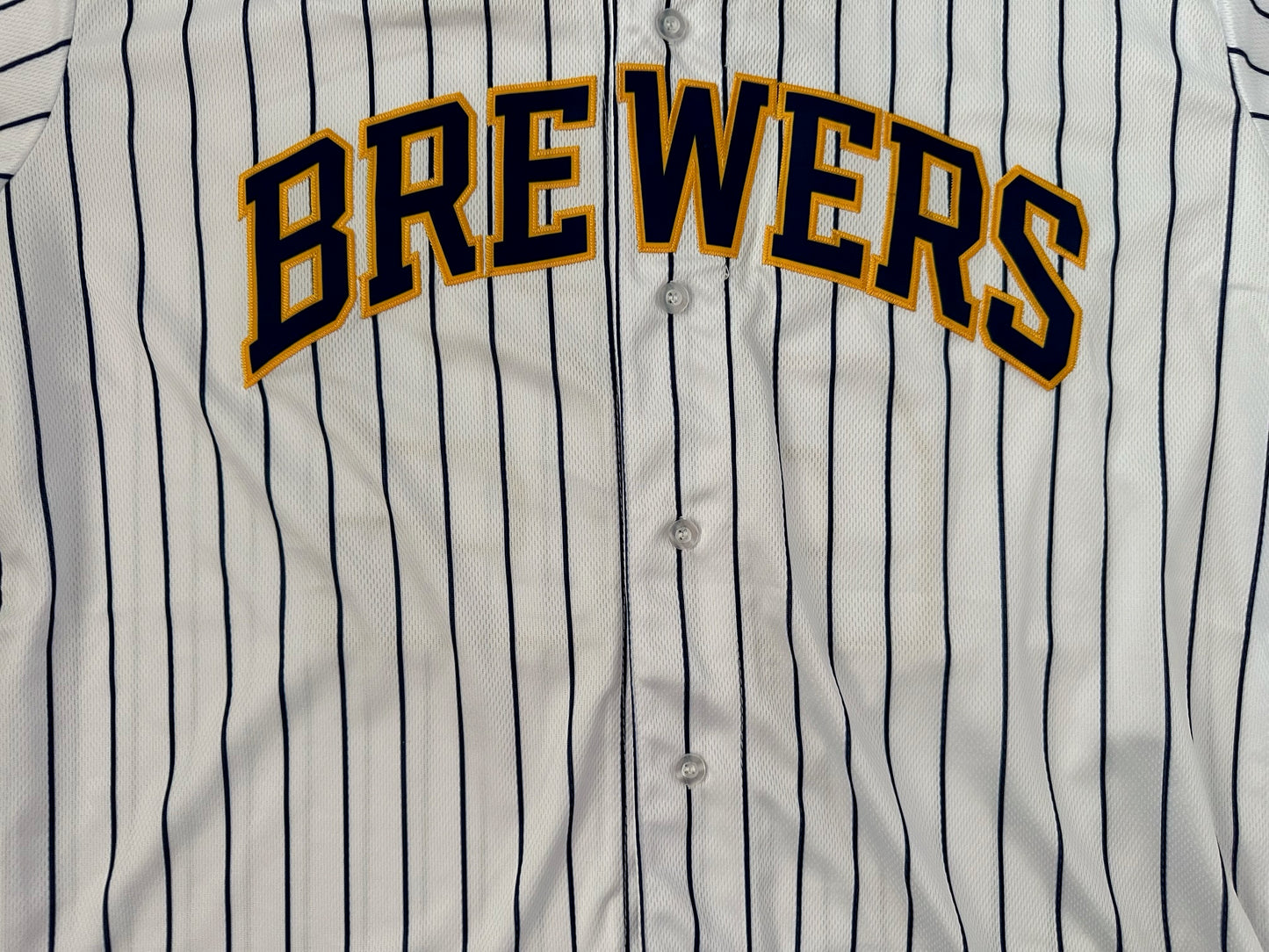 Milwaukee Brewers Yelich MLB Baseball Shirt Large 22 White Pin Stripe