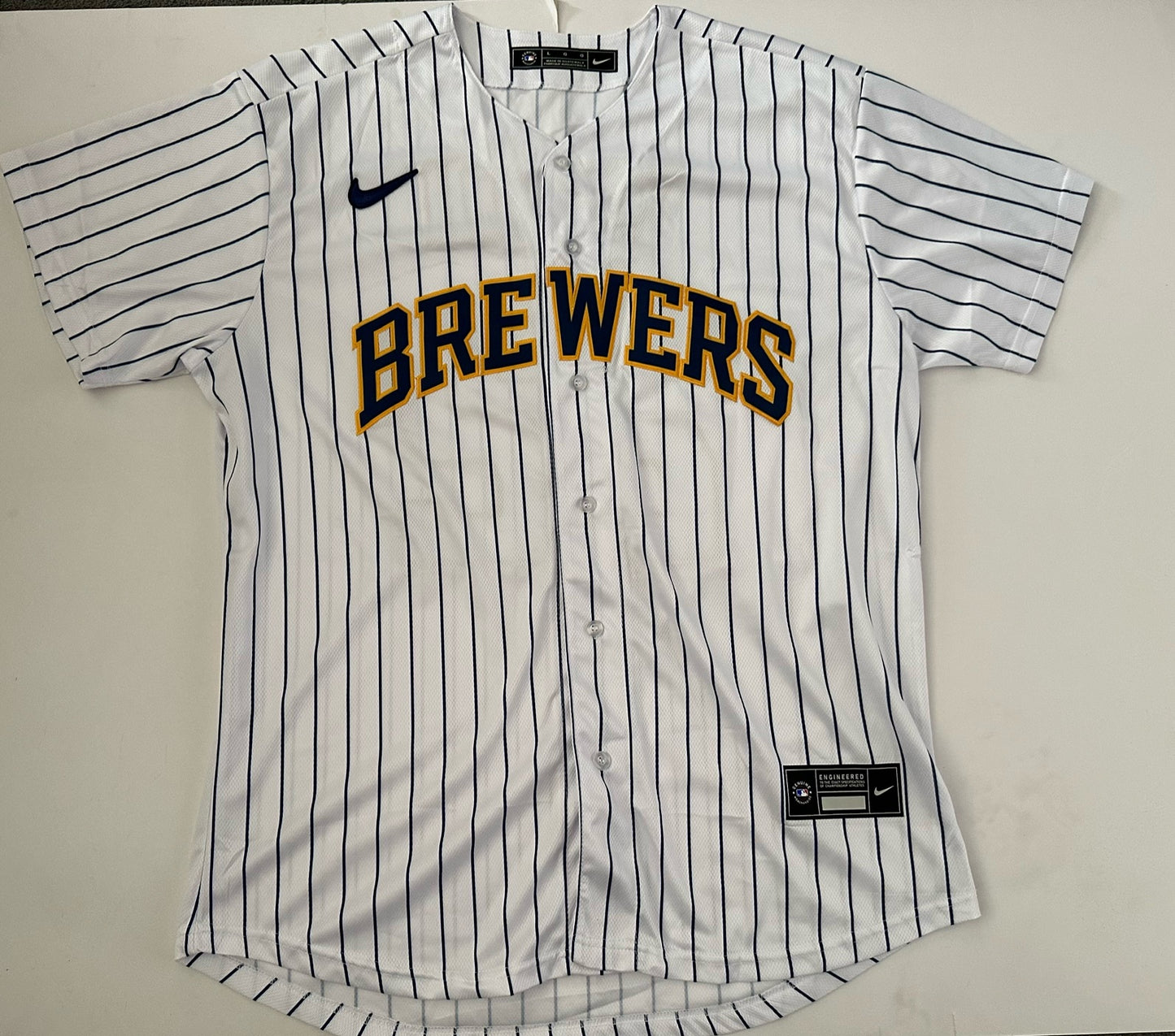 Milwaukee Brewers Yelich MLB Baseball Shirt Large 22 White Pin Stripe