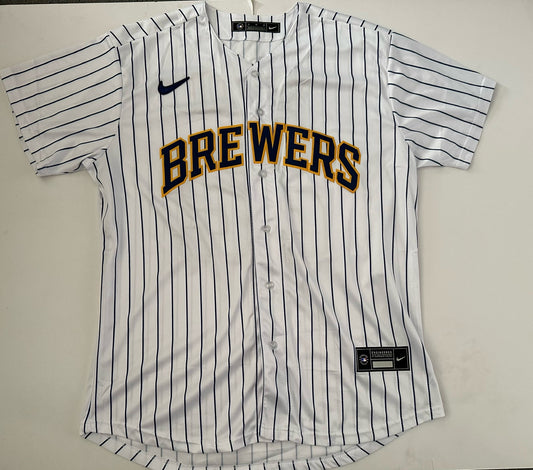 Milwaukee Brewers Yelich MLB Baseball Shirt Large 22 White Pin Stripe